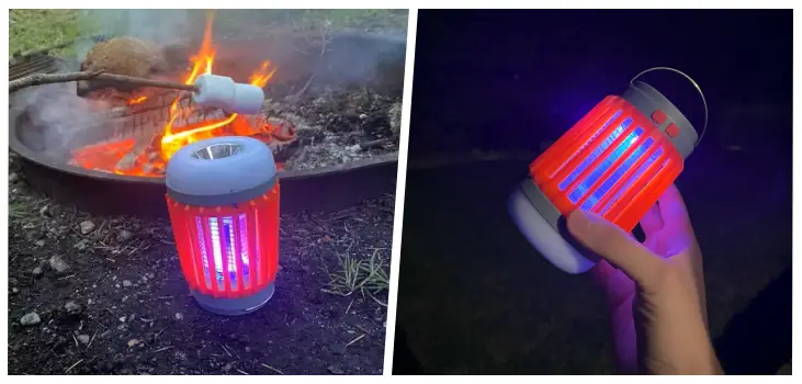 collage of Bug zapper in the night and next to a campfire